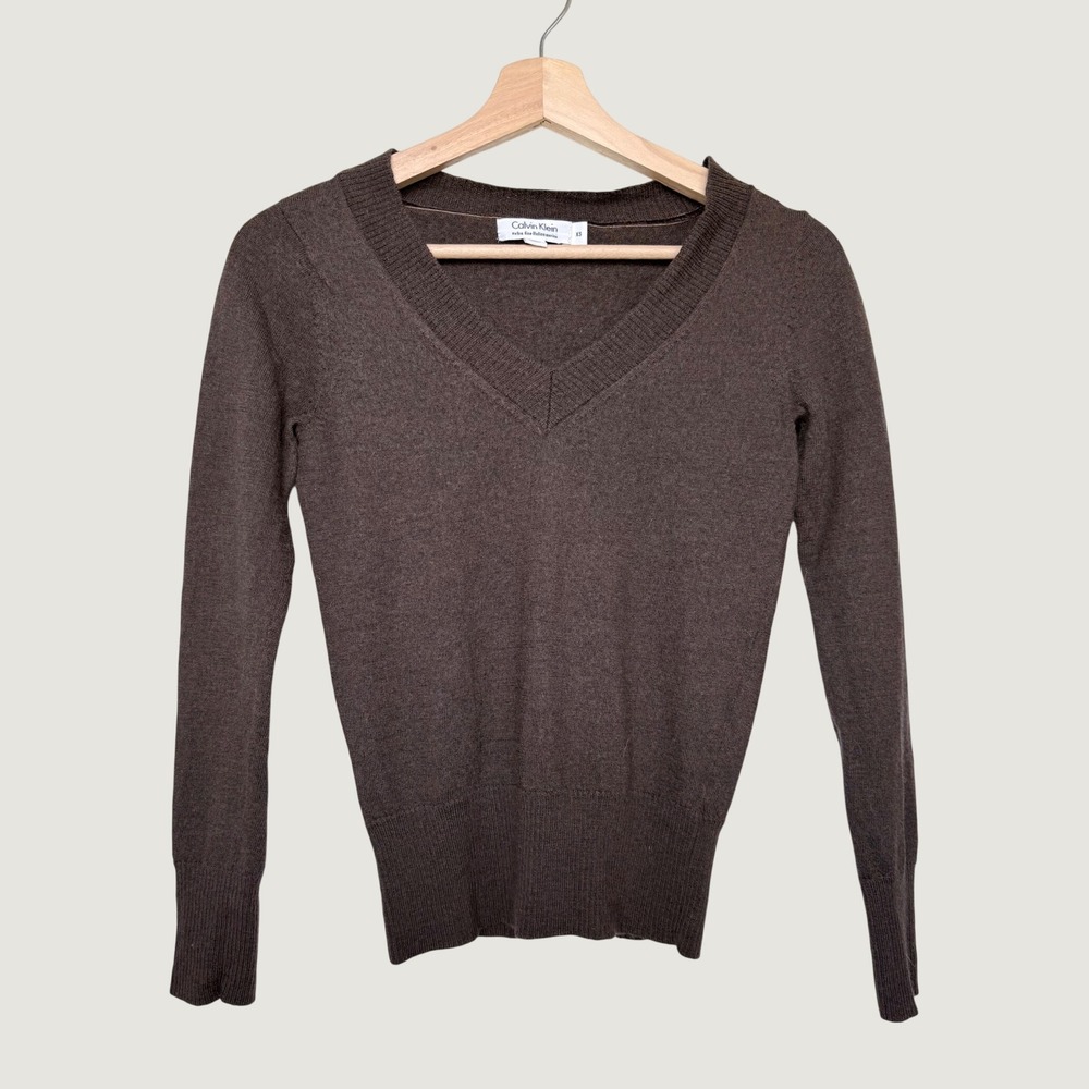 Calvin Klein Extra Fine Italian Merino Wool V-Neck Sweater Brown XS